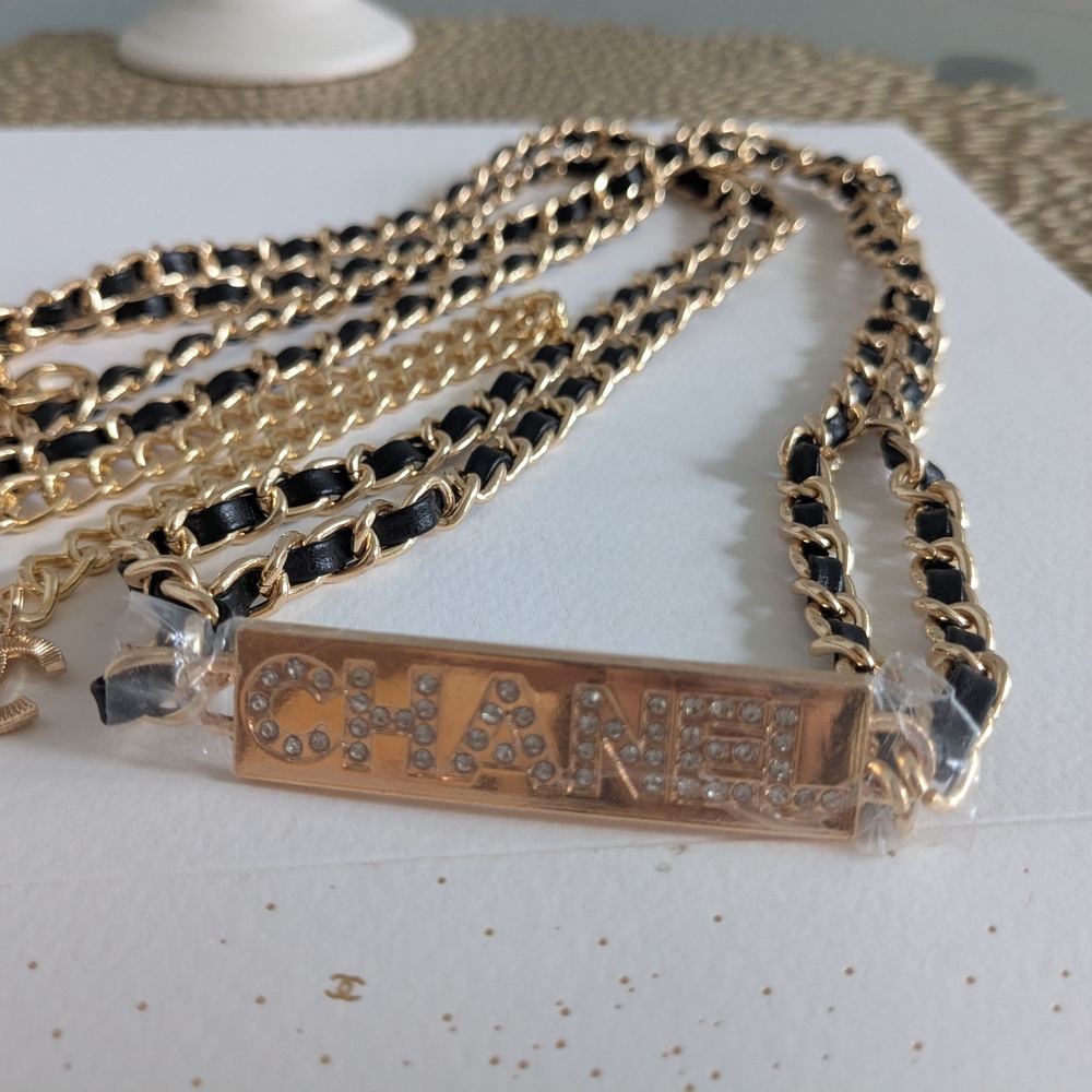 CHANEL Black and Gold Chain Belt with Crystal Logo Plaque - Picture 5 of 8